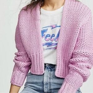 Free People Glow For It Chunky Knit Open Front Pink Lilac Cardigan XS